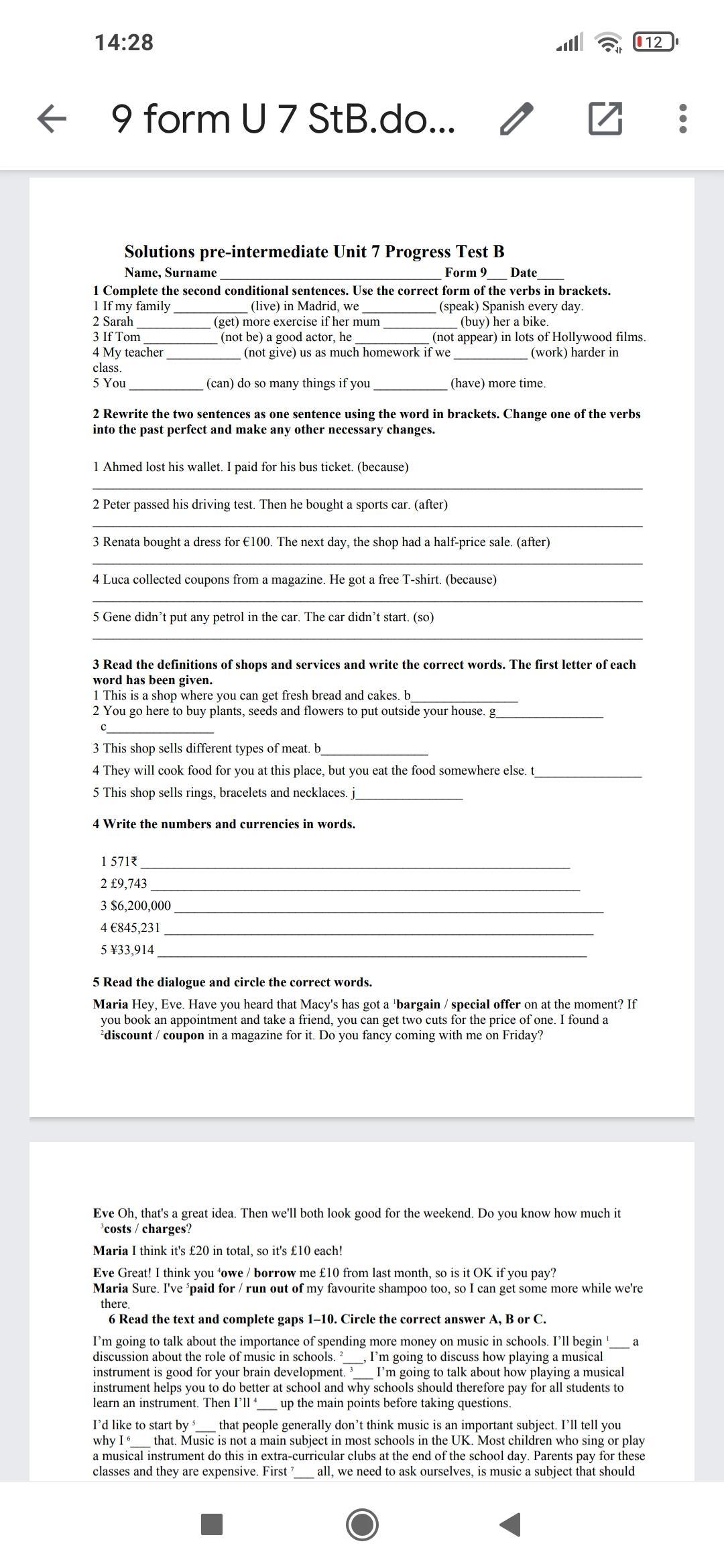 Test pre intermediate unit 7